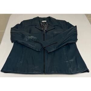D & Co Women's Leather Jacket Size XL Teal Full Zip Leopard Print Lining Chic